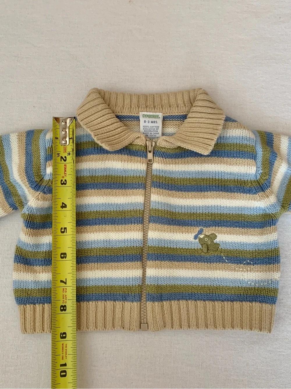 2002 Gymboree 100% Cotton Blue & Green Embroidered Airplane Knit Sweater 0-3M